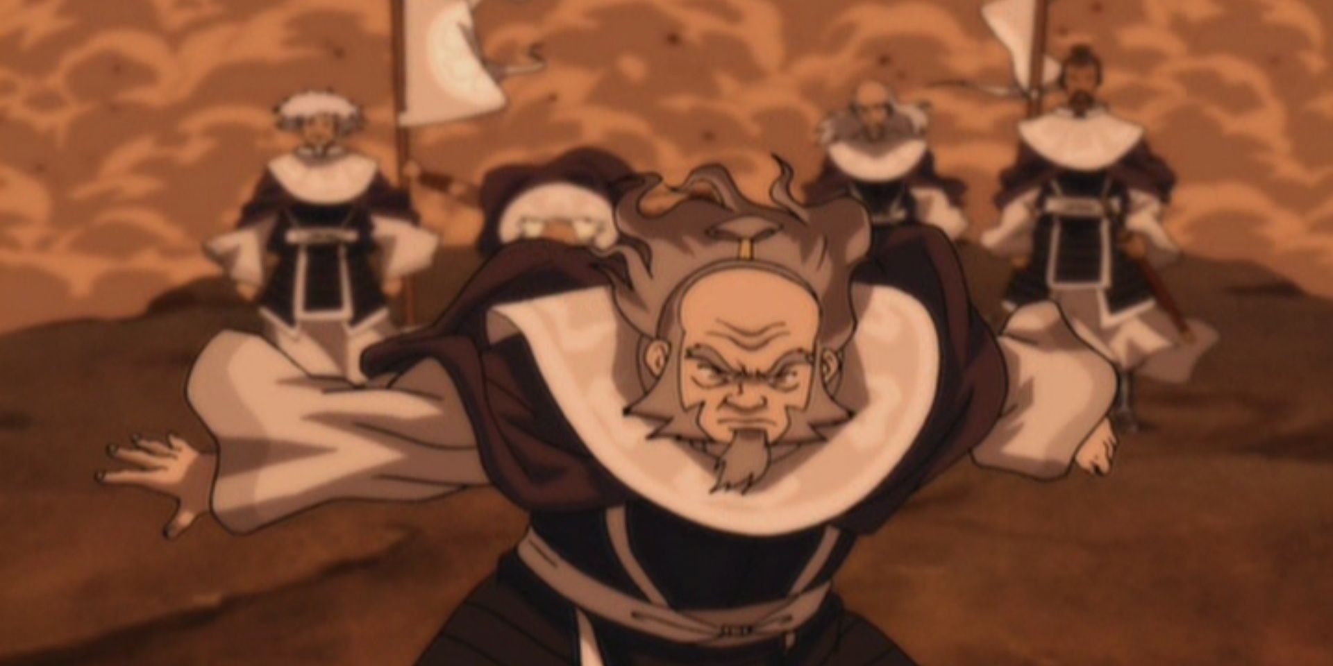 Iroh stands ahead of his allies amongst smoke in The Last Airbender
