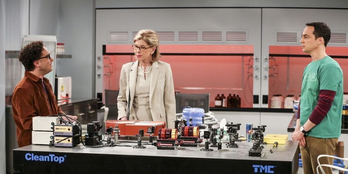 Beverly and Sheldon at Leonard's lab in The Big Bang Theory.