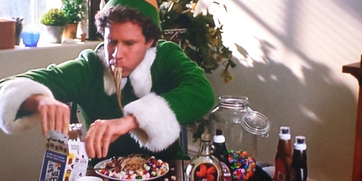 Buddy eating candy and spaghetti in Elf