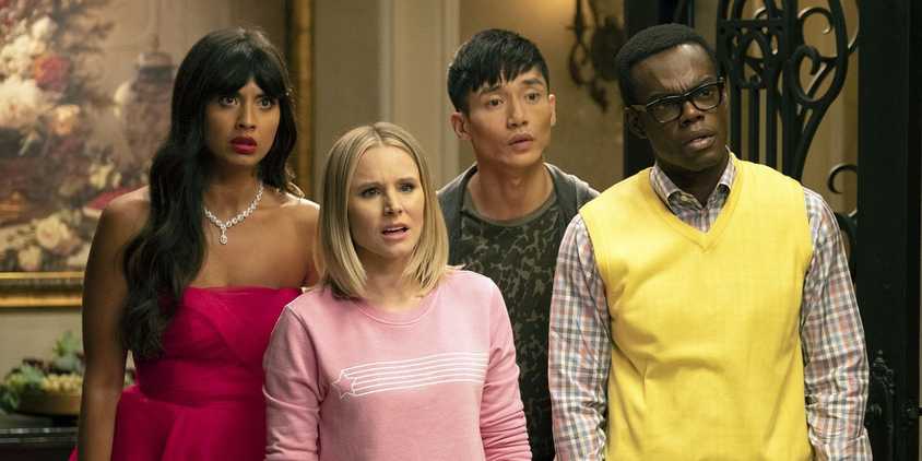 The cast of The Good Place looking shocked in The Good Place