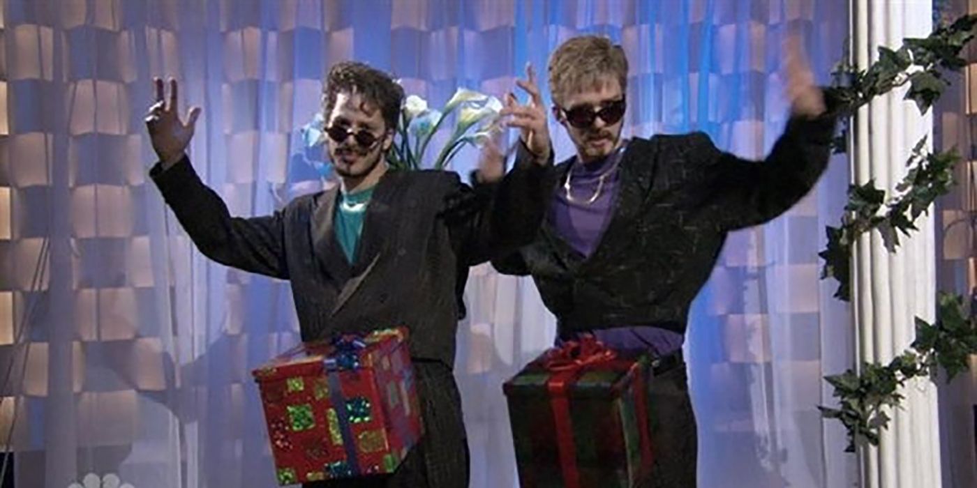 Andy Samberg and Justin Timberlake pose in the Dick in a Box Sketch from SNL