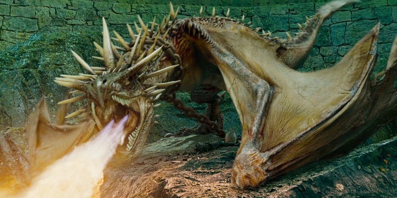 Hungarian Horntail breaths fire in Harry Potter