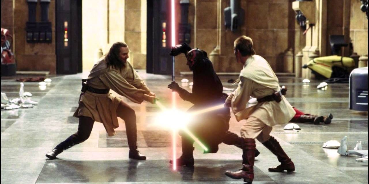 Qui-Gon and Obi-Wan fighting Darth Maul