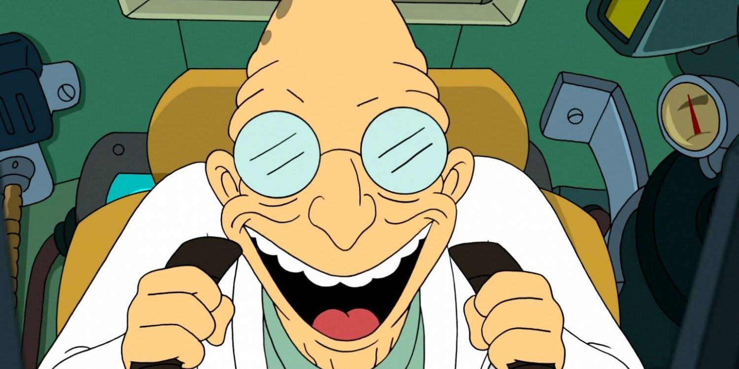 Professor Farnsworth smiling from ear to ear as he drives in Futurama.