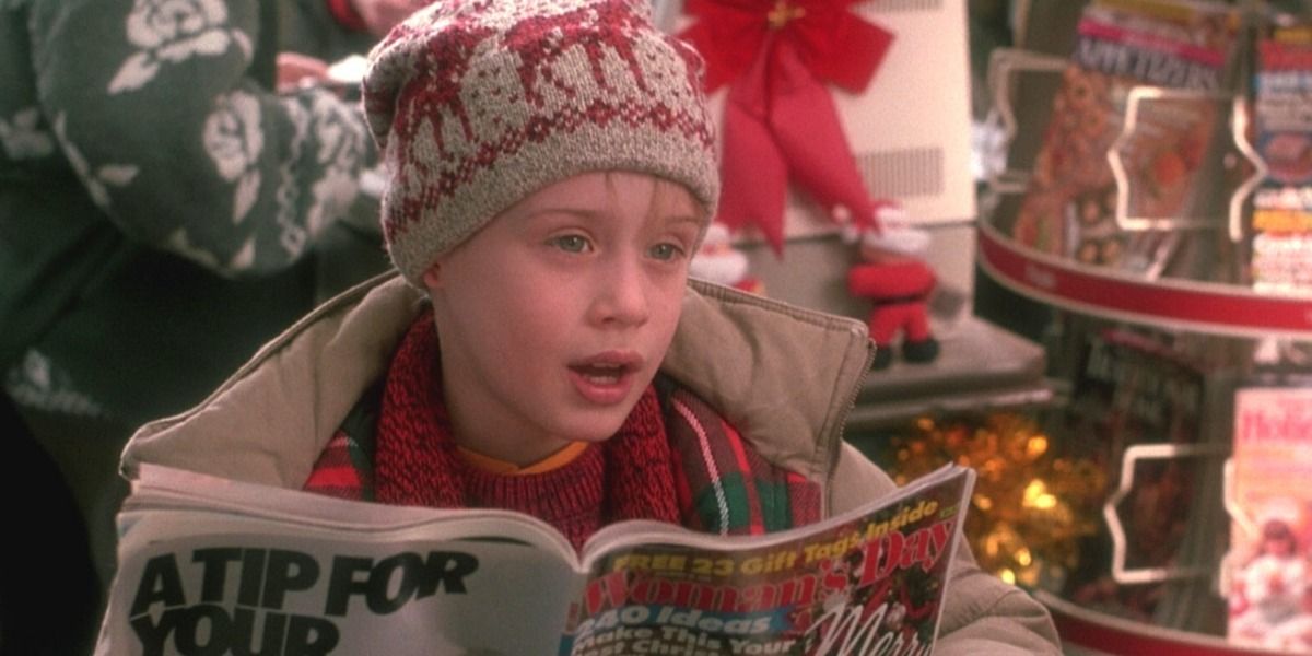 Home Alone - Kevin reads the newspaper in a shop at Christmas