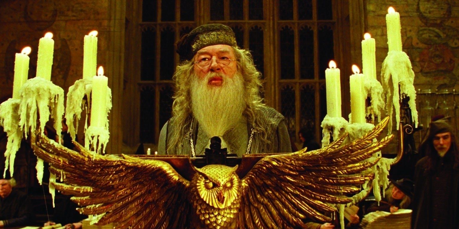 Dumbledore addressing the great hall at Hogwarts