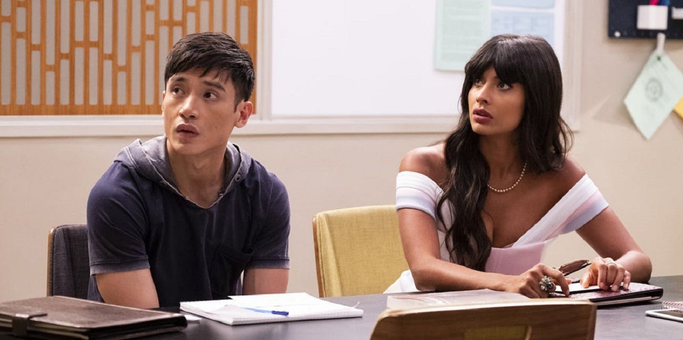 manny jacinto left and jameela jamil right on the good place