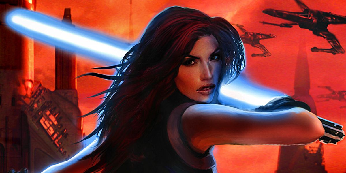 Mara Jade holding blue lightsaber with a red background with X-Wings