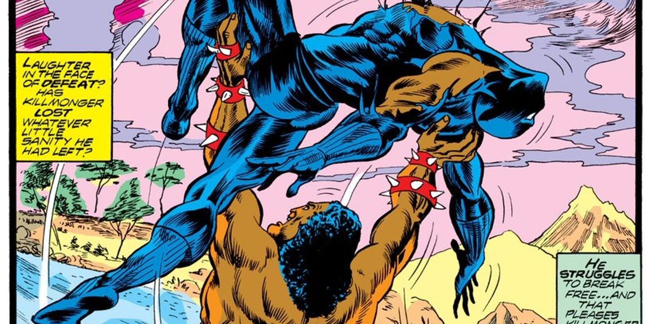 Killmonger throws Black Panther off a cliff in Marvel Comics.