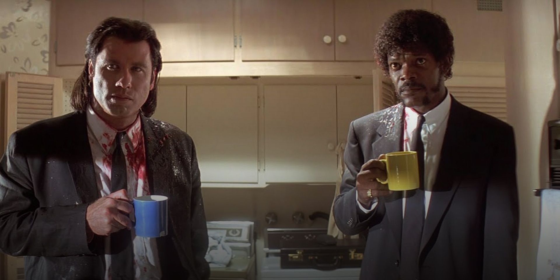 Jules and Vincent drinking coffee in Jimmie's kitchen in Pulp Fiction