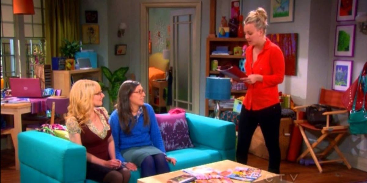 Penny talking about her college paper with Bernadette and Amy on The Big Bang Theory