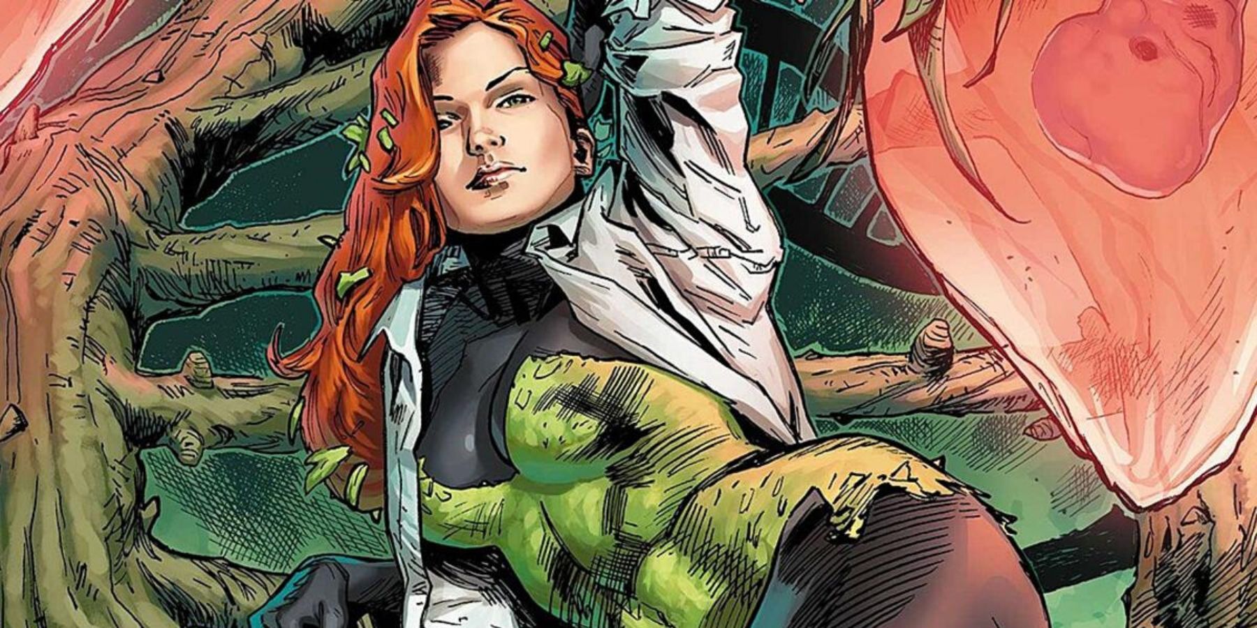 Poison Ivy lies on a giant plant in a DC comic.