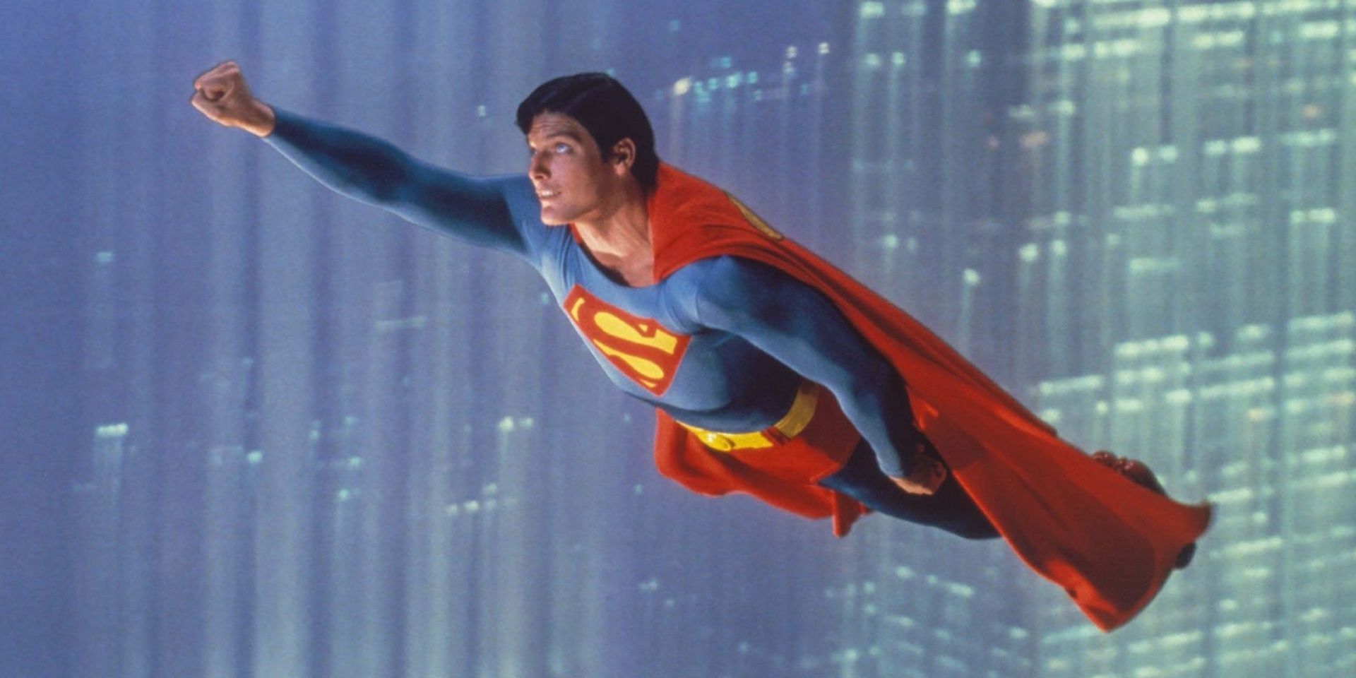 Superman takes flight in Metropolis in Superman: The Movie.