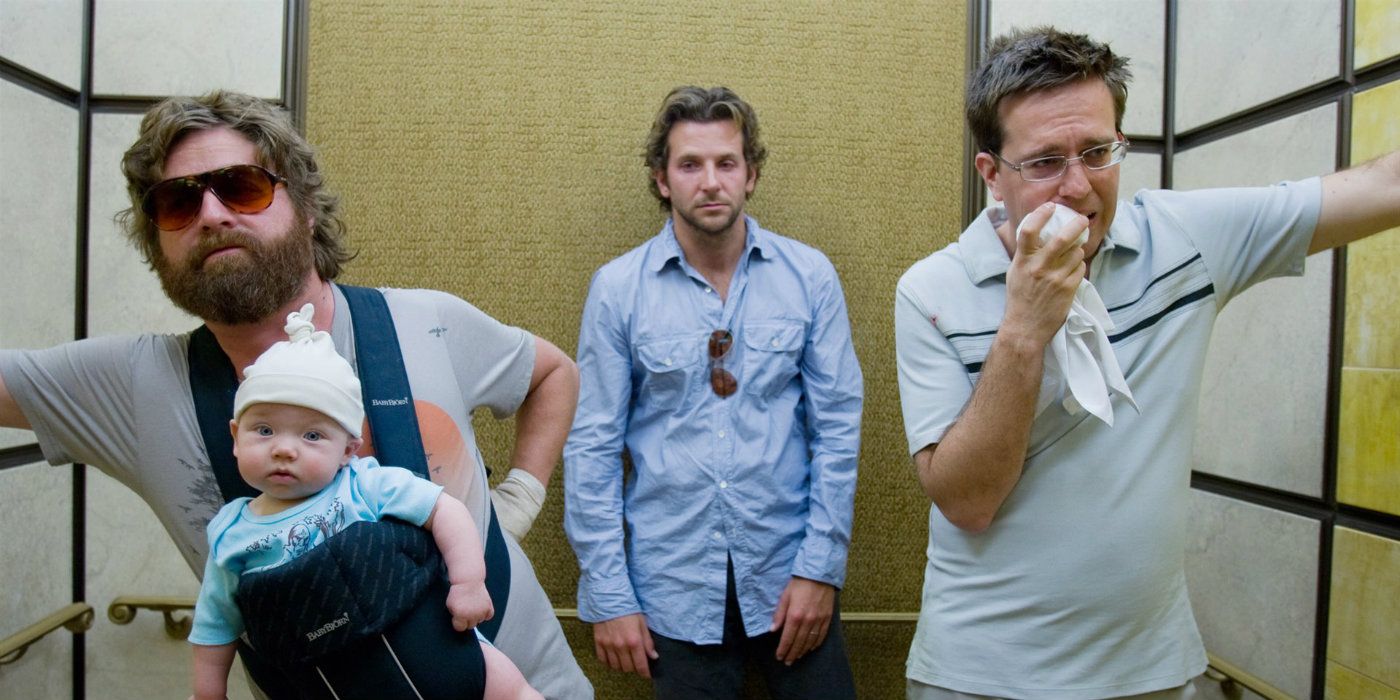 Cast of the Hangover in an elevator
