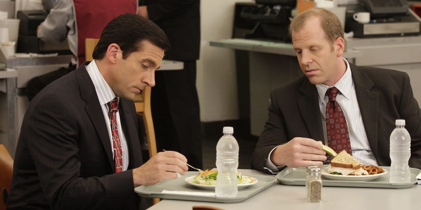 Michael and Toby eating together during the lawsuit on The Office