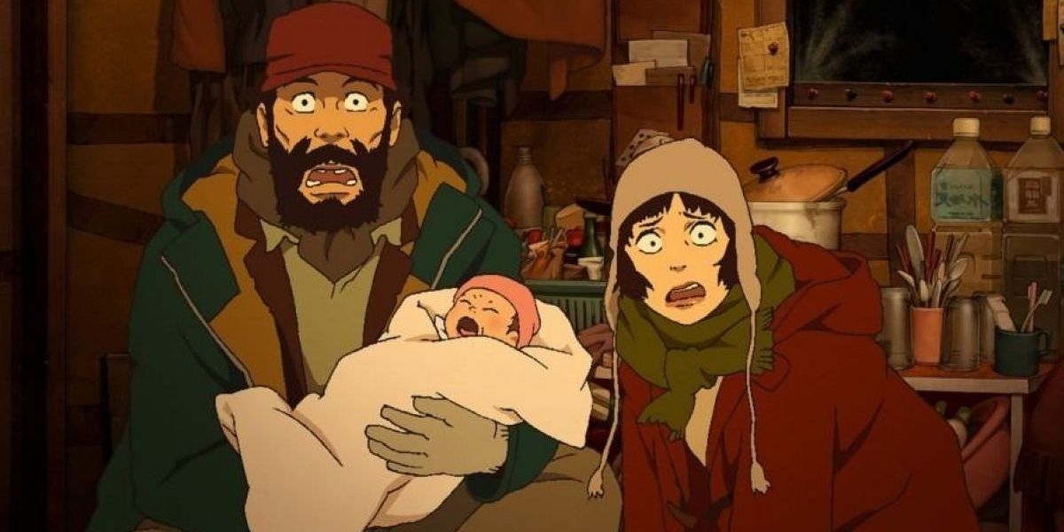 Gin (holding a crying Kiyoko) and Miyuki looking shocked in Tokyo Godfathers.