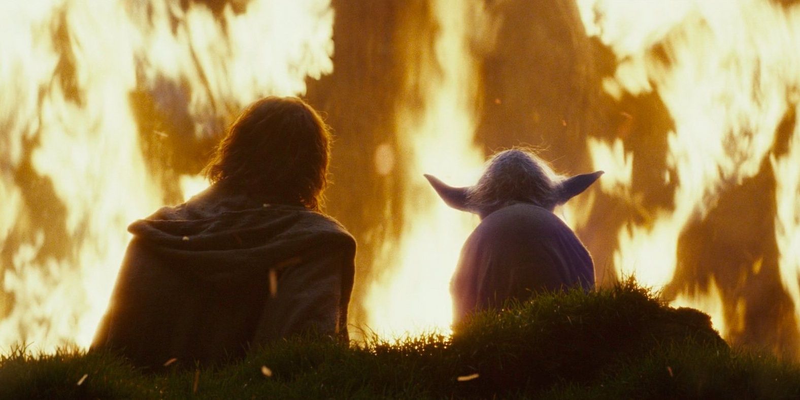 Yoda y Luke observan cómo se quema el árbol de Ahch-To en The Last Jedi.