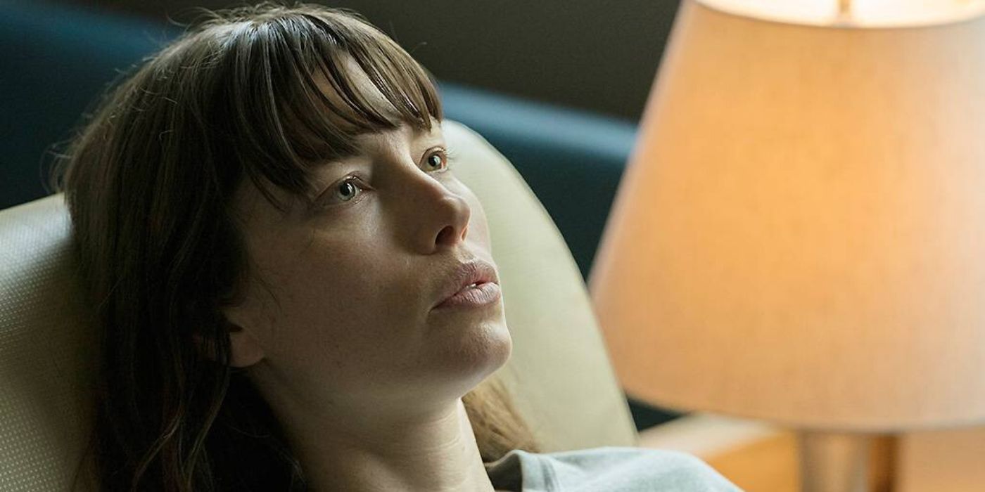 Jessica Biel lies back on a chair in The Sinner