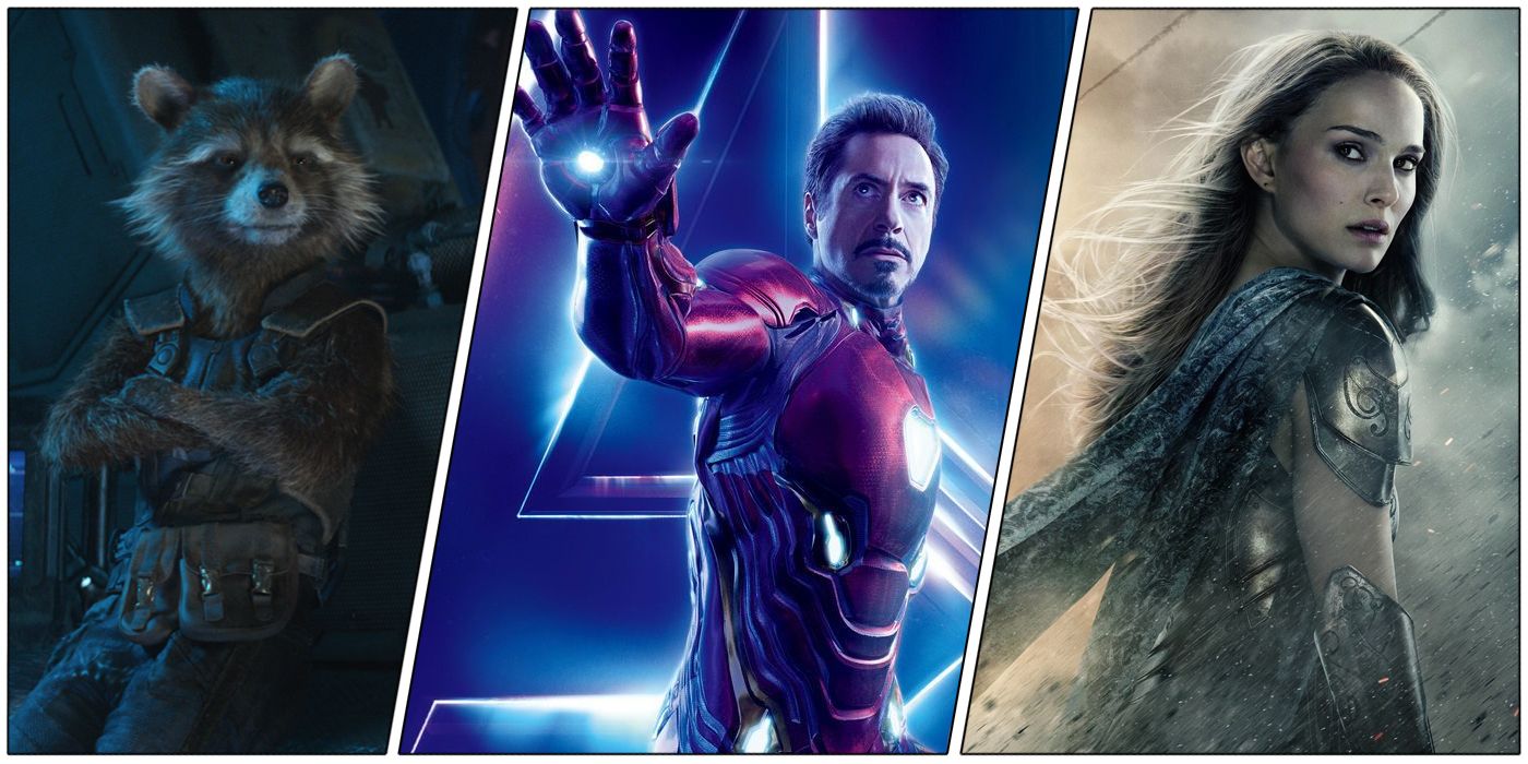 Split image of Rocket Raccoon, Tony Stark, and Jane Foster in the MCU