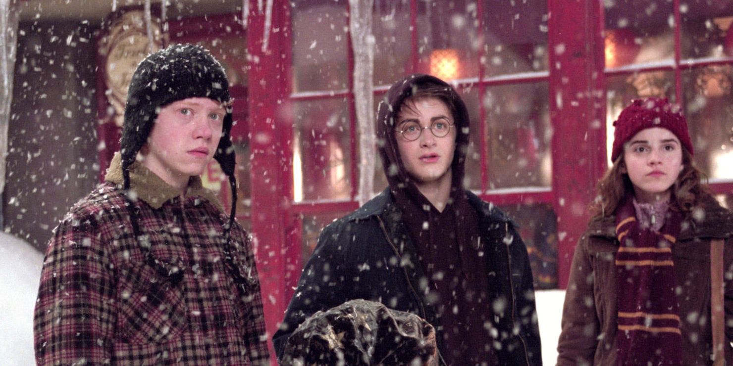 Ron, Harry, and Hermione in Hogsmeade