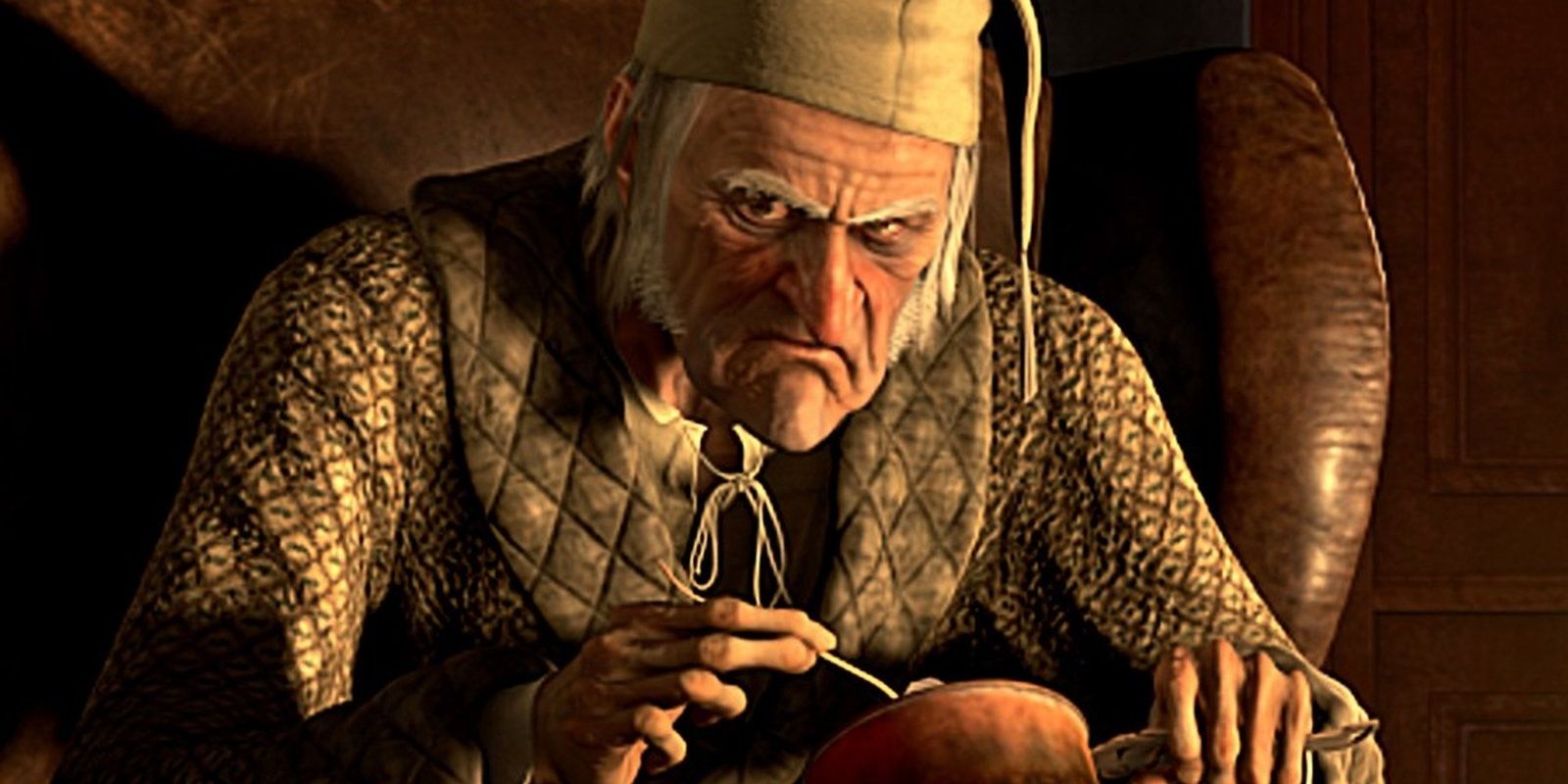 Ebenezer Scrooge parece zangado em A Christmas Carol 2009