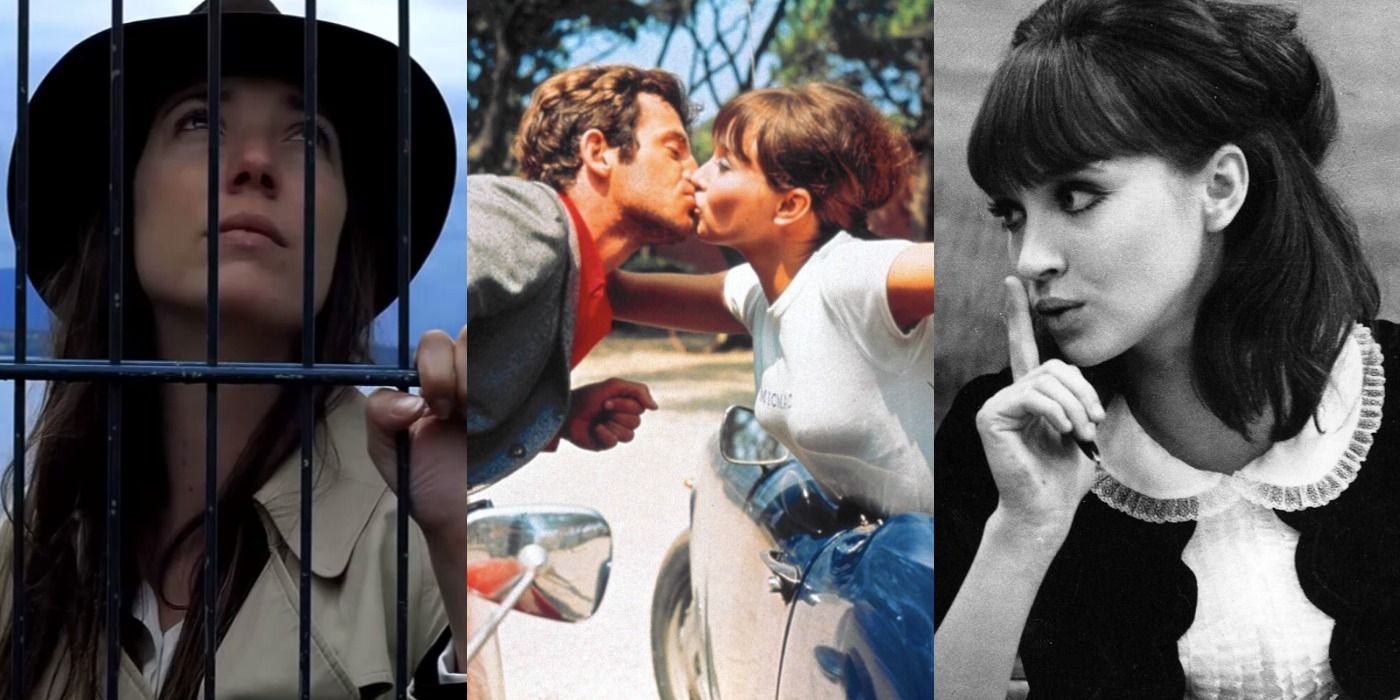 Split image showing a woman looking up in Goodbye to Language, a man and a woman kiss in Pierrot le Fou, a woman shushes in Alphaville.