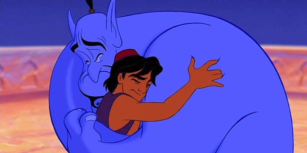 Aladdin hugging the Genie.