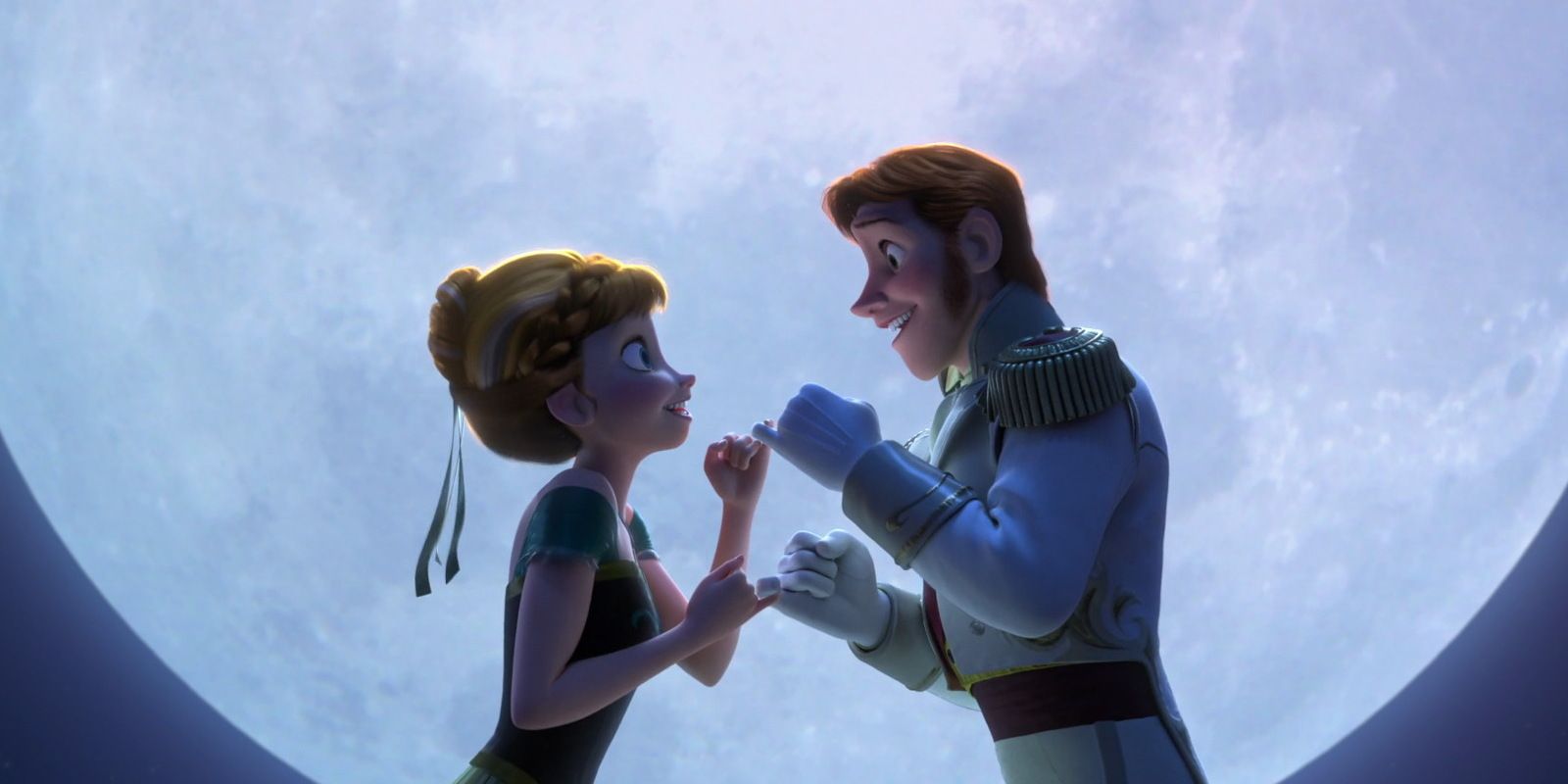 Anna and Hans singing together in front of the moon in Frozen