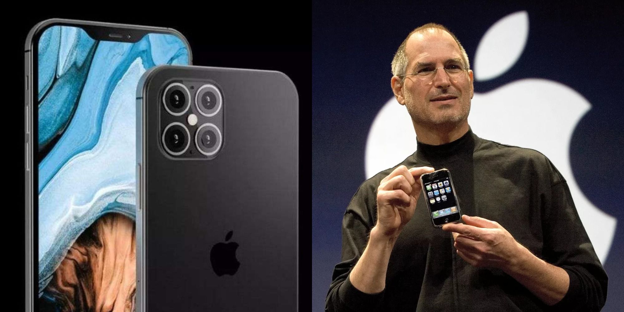 Apple iPhone 12 promo photo next to a photo of Steve Jobs holding the original iPhone in front of an Apple logo