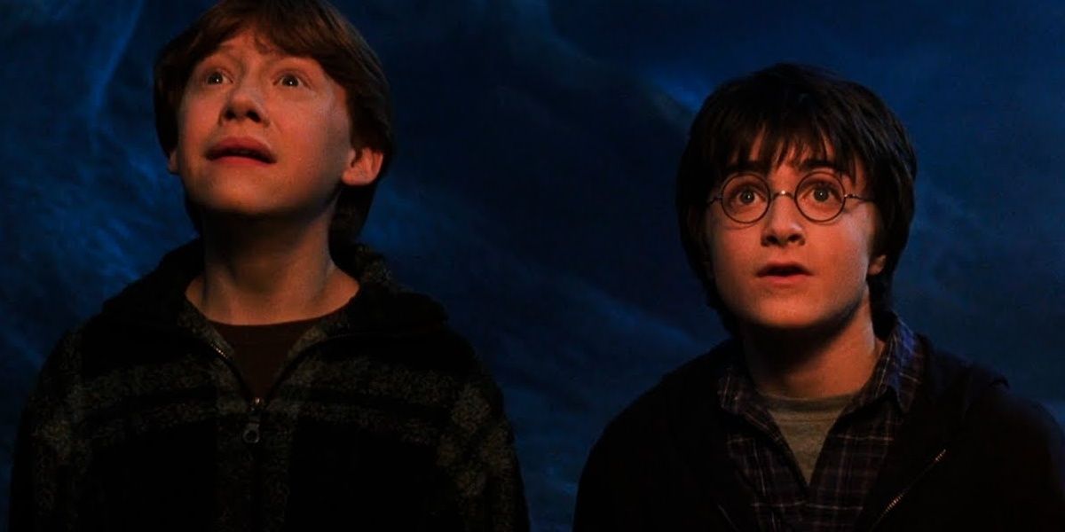 Ron and Harry look scared in the Chamber of Secrets