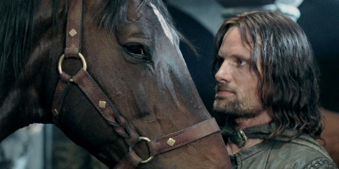 Aragorn calming a traumatized horse in Lord of the Rings