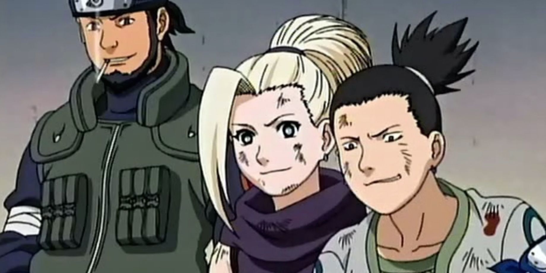 Asuma stands alongside Ino and Shikmaru at their first Chunin Exams in Naruto