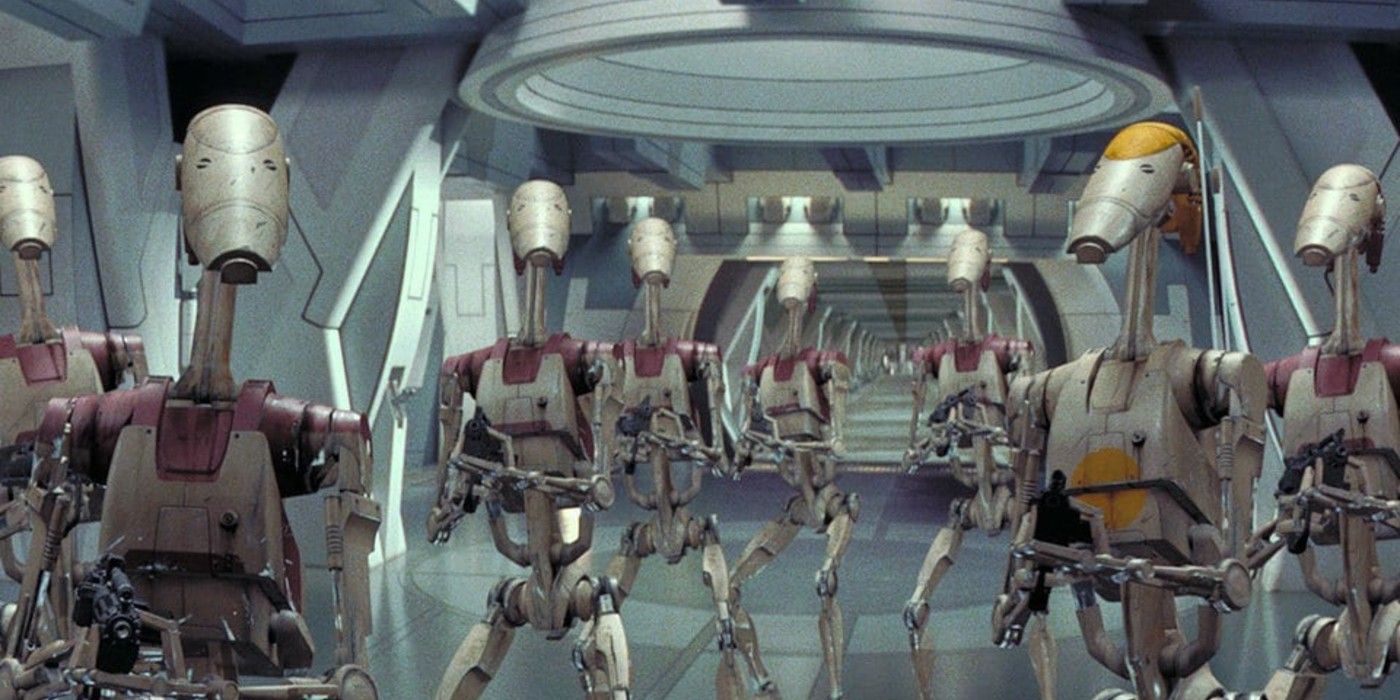 B1 battle droids as they appear in The Phantom Menace.