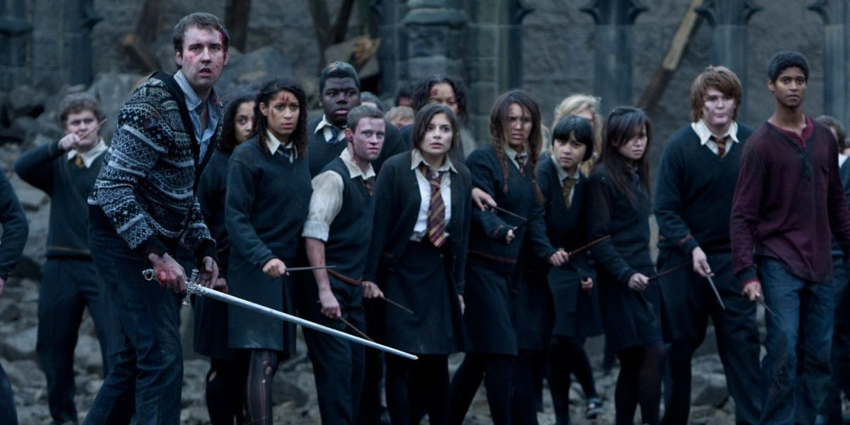 Neville leads the students into battle in Harry Potter and The Deathly Hallows