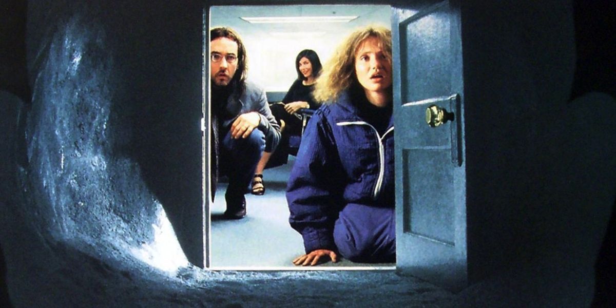 Cropped poster of characters looking through door in Being John Malkovich