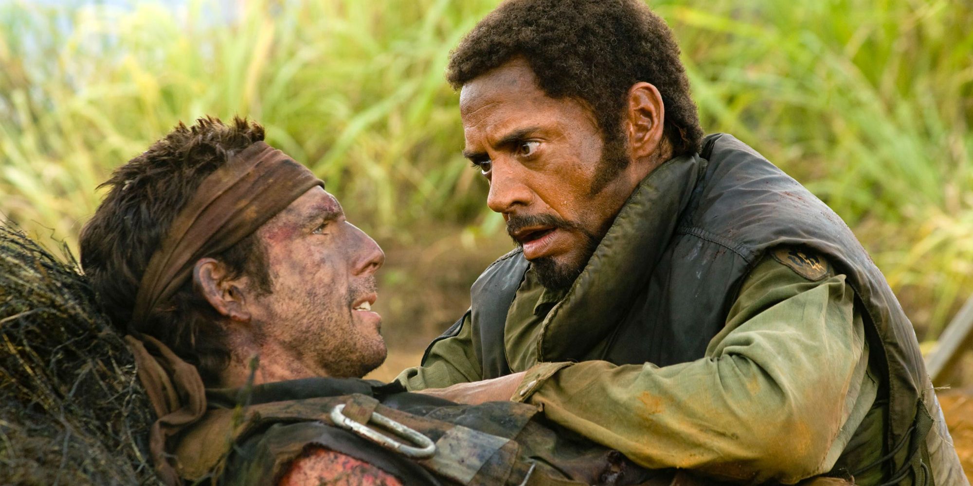 Ben Stiller and Robert Downey Jr in Tropic Thunder's first scene