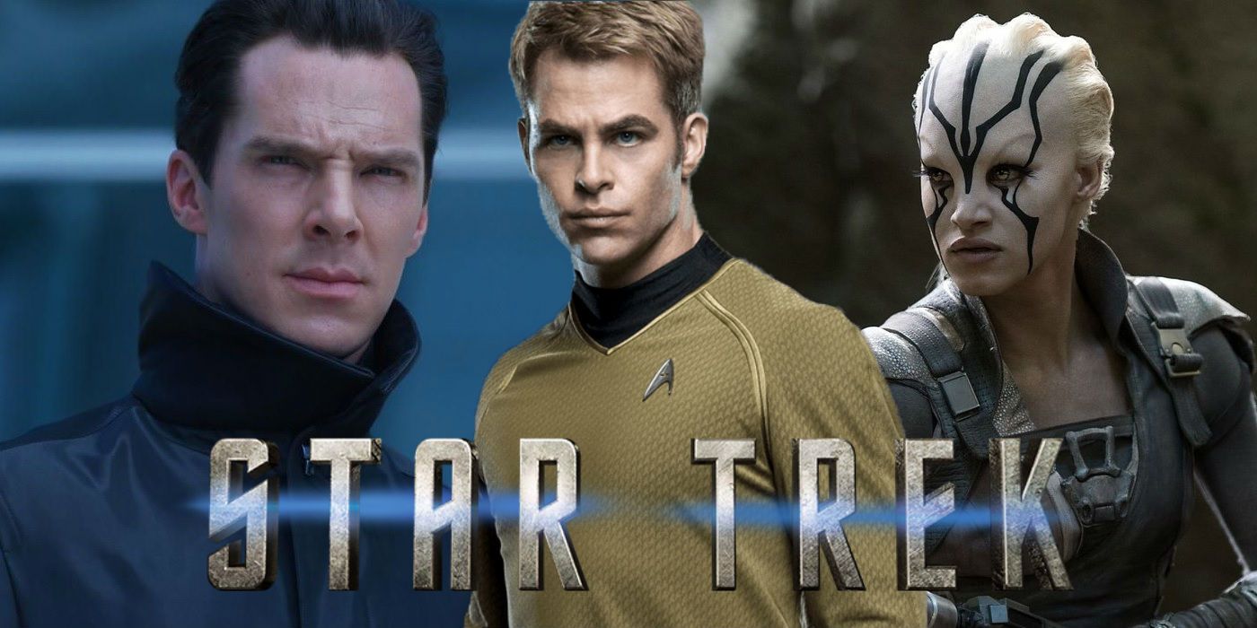 Benedict Cumberbatch as Khan in Star Trek Into Darkness, Chris Pine as Kirk and Sofia Boutella as Jaylah in Star Trek Beyond