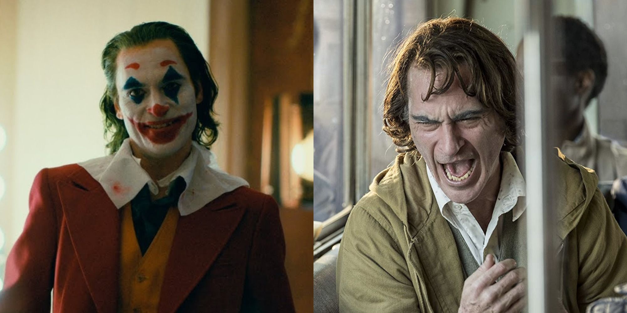 Split image of Arthur Fleck in makeup and laughing on the bus in Joker