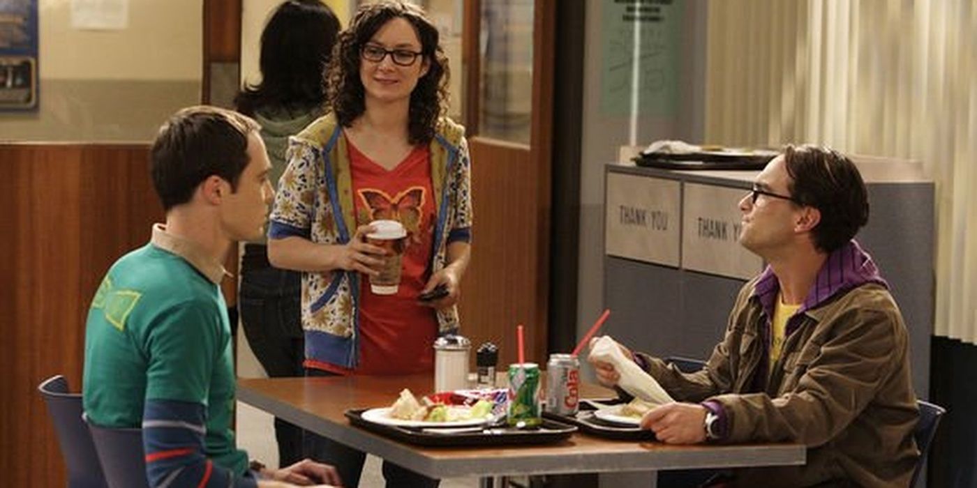 Leslie Winkle talking to Sheldon and Leonard at lunch on TBBT