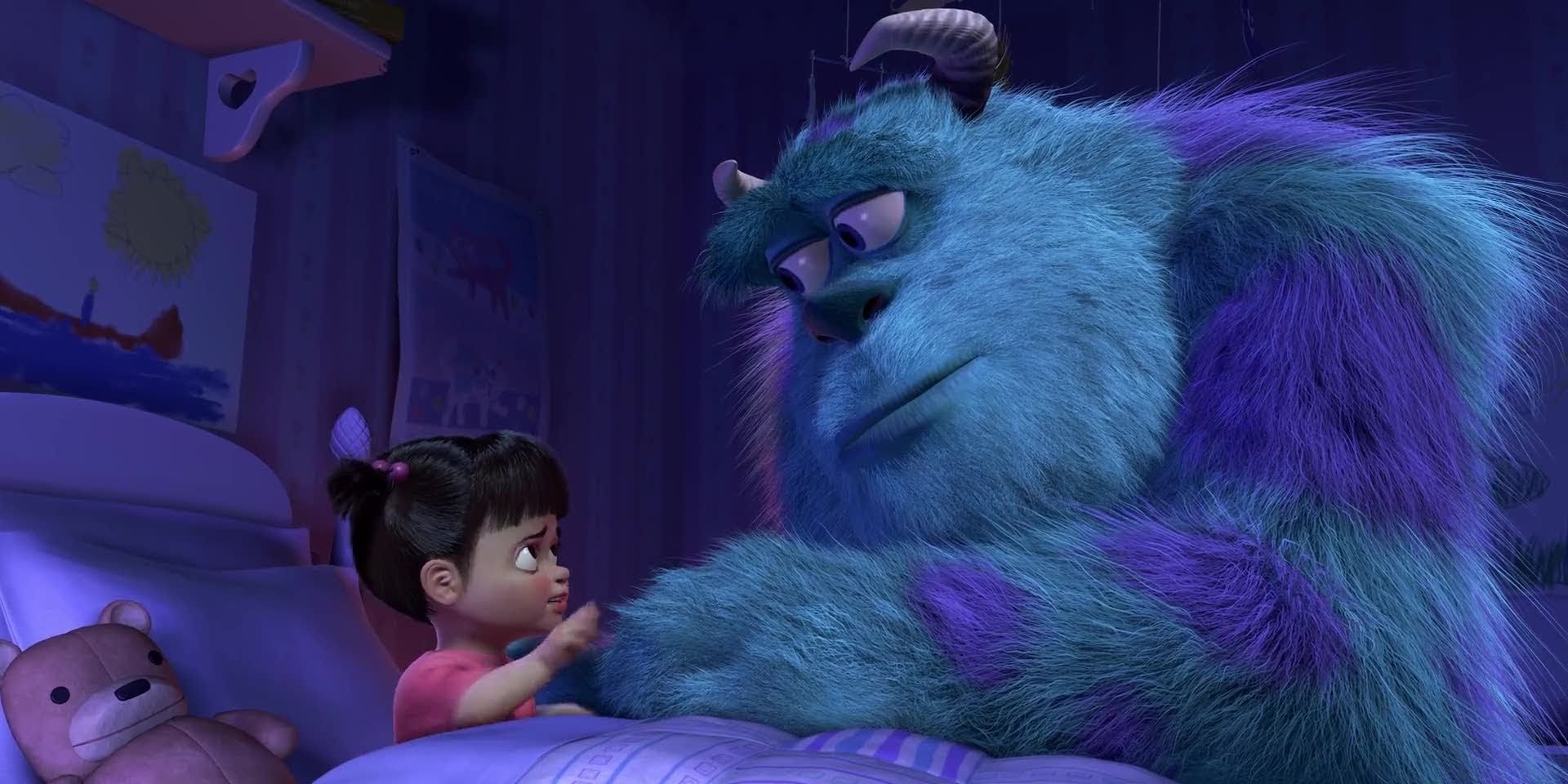 Boo and Sulley holding hands in Monsters Inc