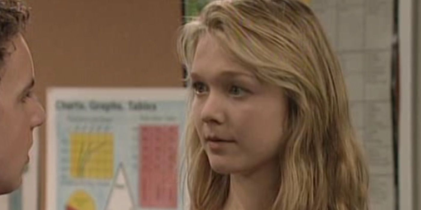 A blonde girl looking serious in Boy Meets World