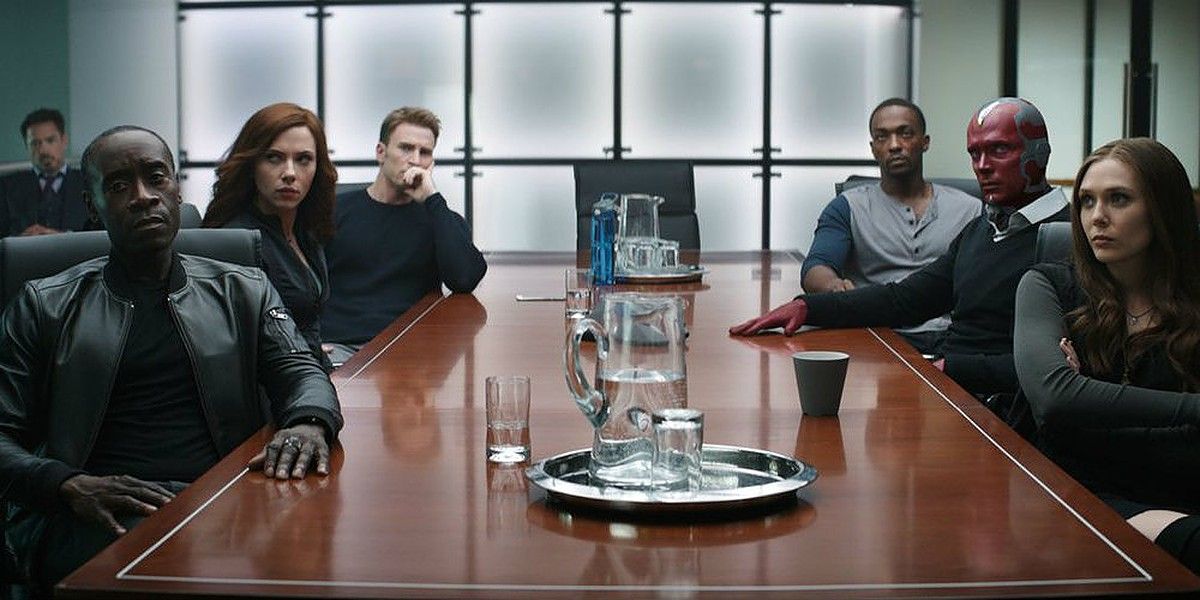 The Avengers in a conference room in Captain America Civil War