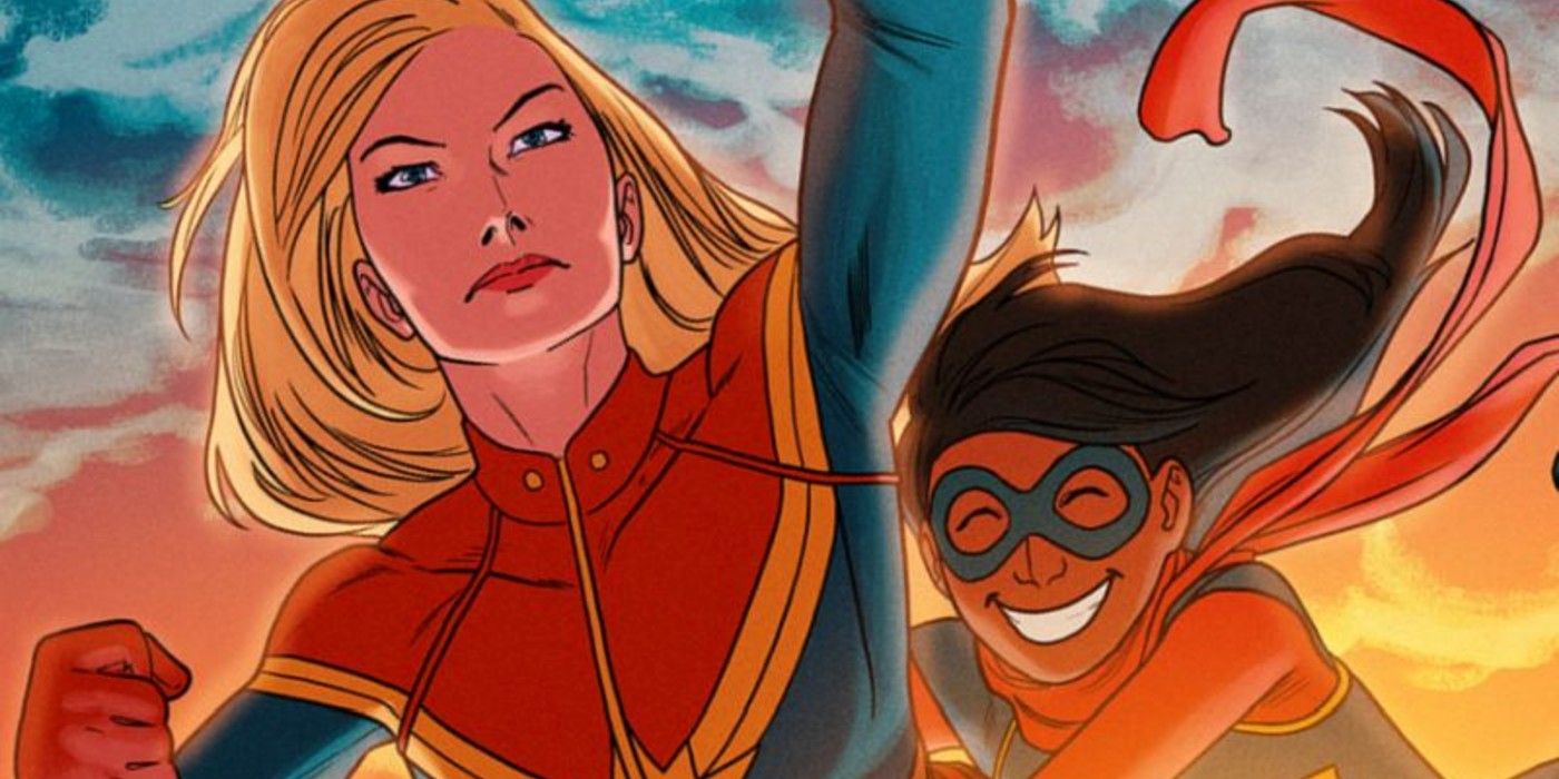 Captain Marvel flies with Ms. Marvel behind her