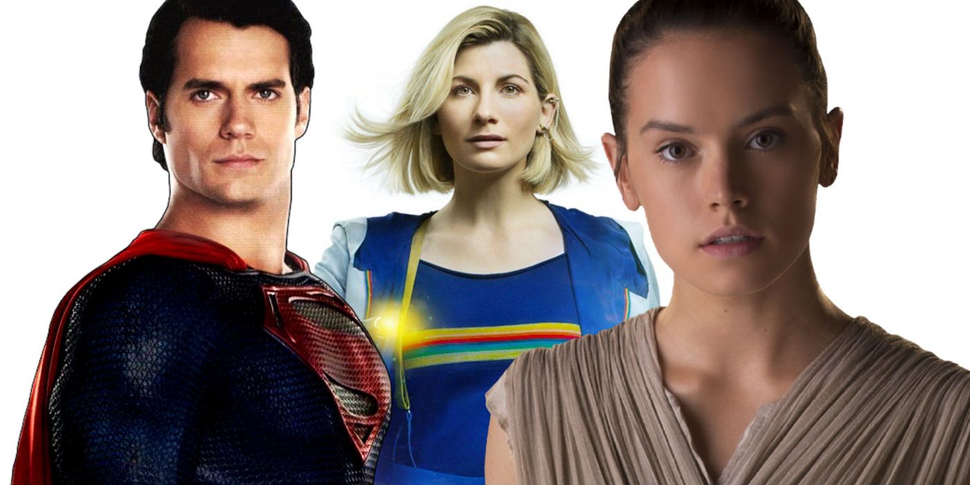 Daisy Ridley as Rey in Star Wars, Henry Cavill as Superman Clark Kent and Jodie Whittaker in Doctor Who