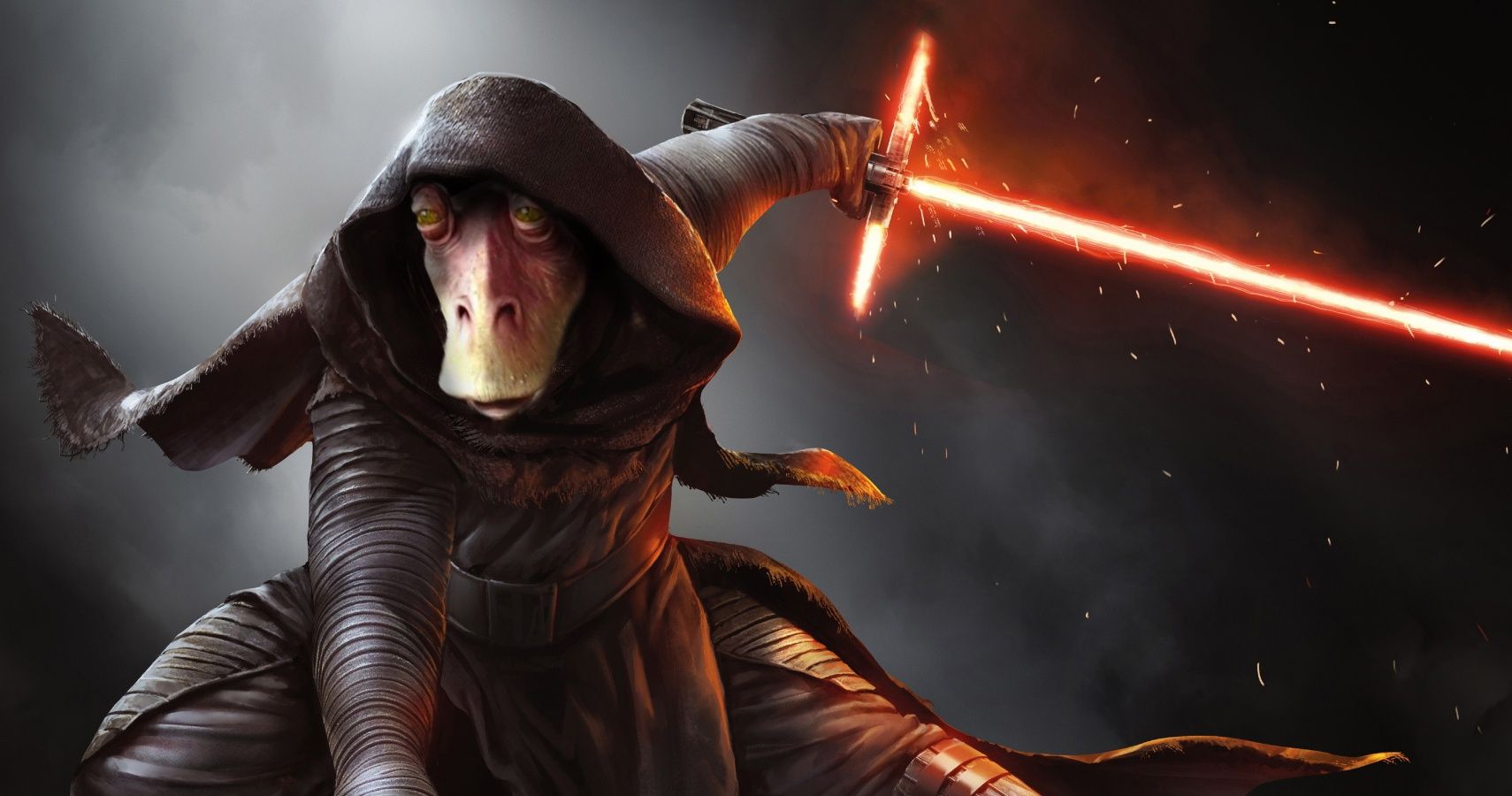 An edit of Jar Jar Binks as a Sith Lord in a huge cloak with a red crossguard lightsaber