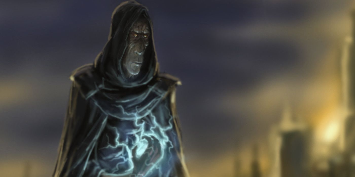 Darth Plagueis wearing a hood and wielding Force lightning 