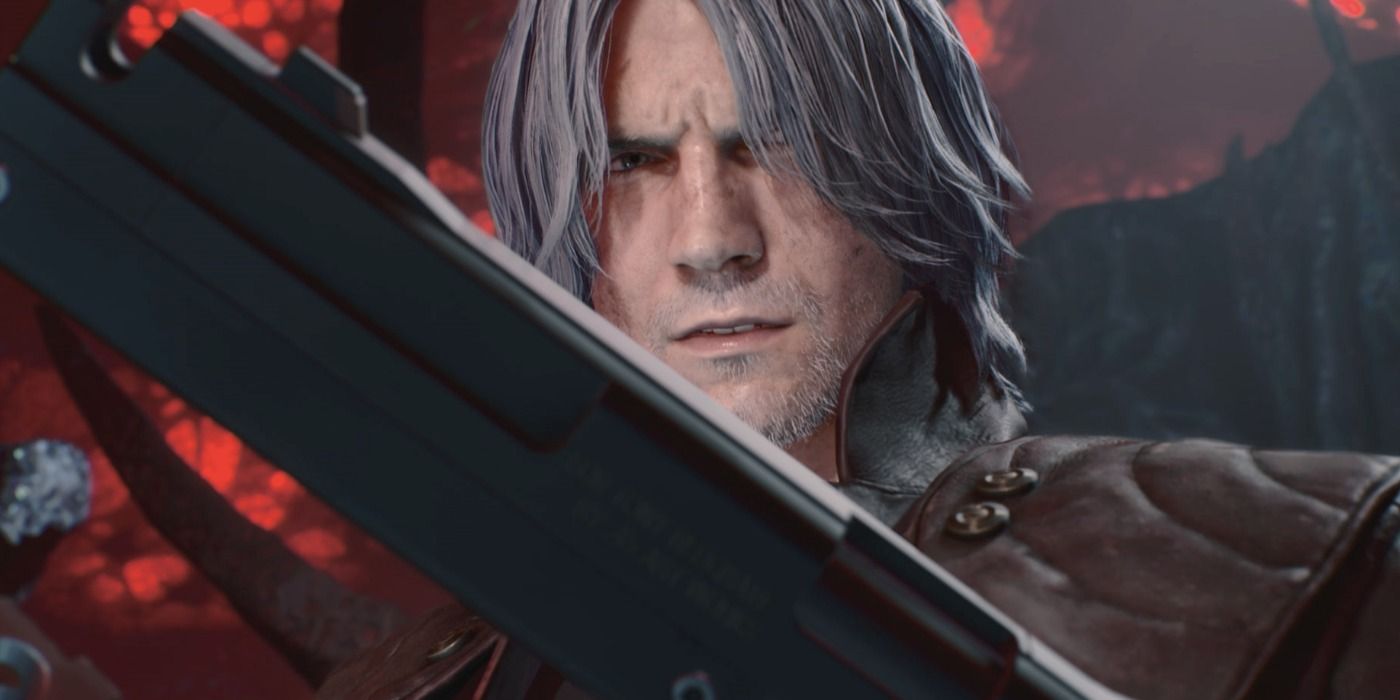 Dante segurando uma arma em Devil May Cry 5 