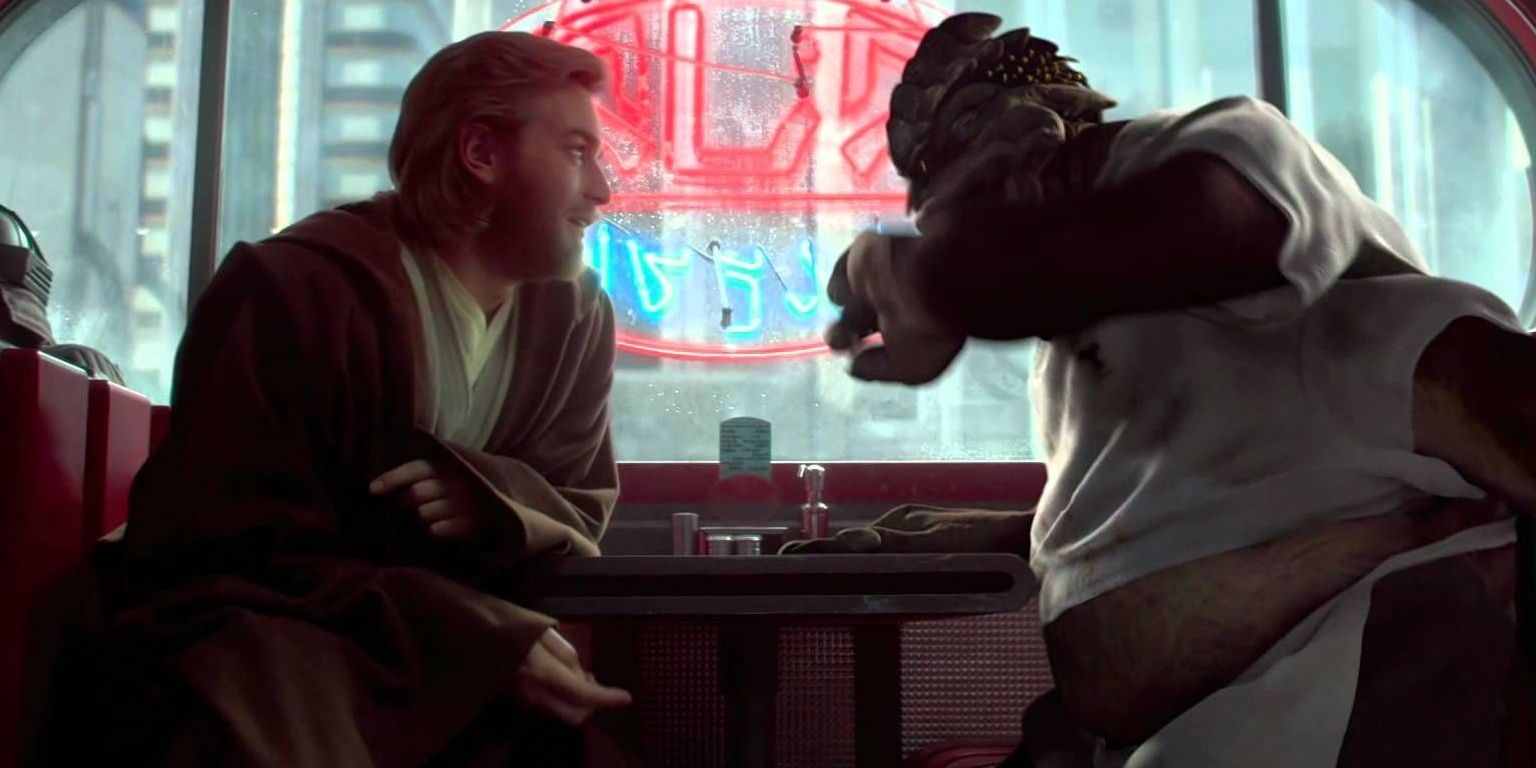 Obi-Wan gets advice on a Kaminoan saber dart from his friend Dexter Jettseter in Attack of the Clones