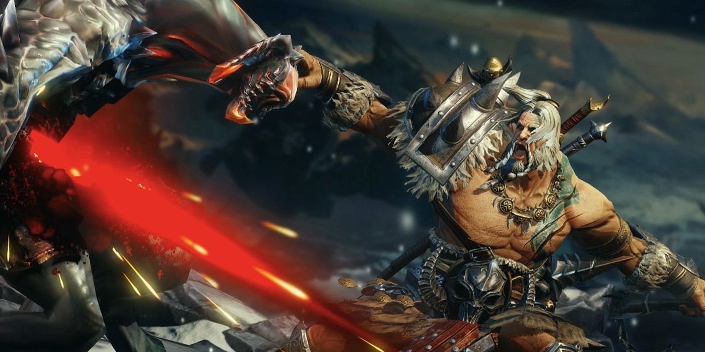 Un bárbaro en Diablo 4, con los brazos extendidos y la boca abierta mientras ataca a un demonio.