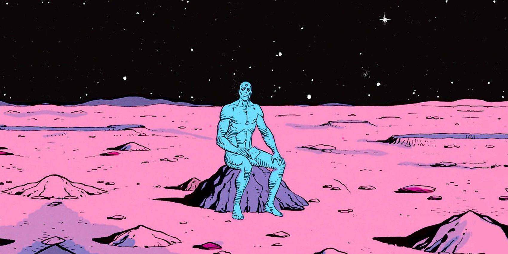 Doctor Manhattan sitting on a rock in Mars in Watchmen